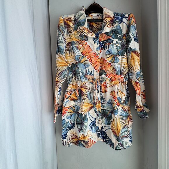 Chico’s 3P Jungle Palms Linen Utility Duster Jacket US 16/18P Multi-Color - Picture 1 of 8